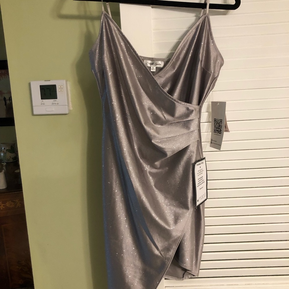 NWT Macy’s by Emerald Sundae. Bodycon Pewter Sparkle Dress w Asymmetrical Hem.